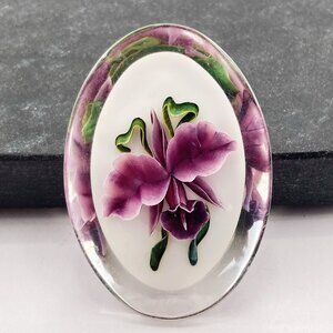 VINTAGE Reverse carved lucite purple and green orchid brooch ~ 1940s 1950s pin